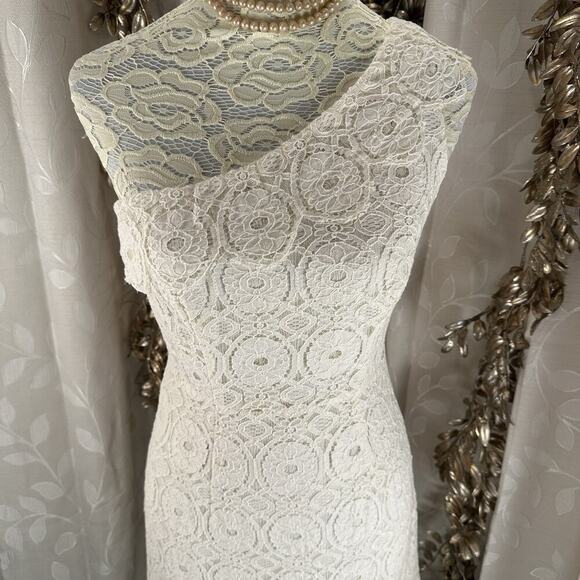 Merona Women’s 6 Off-White Lace Crochet One-Shoulder Dress Scallop‎ Hem Cocktail - Picture 8 of 13